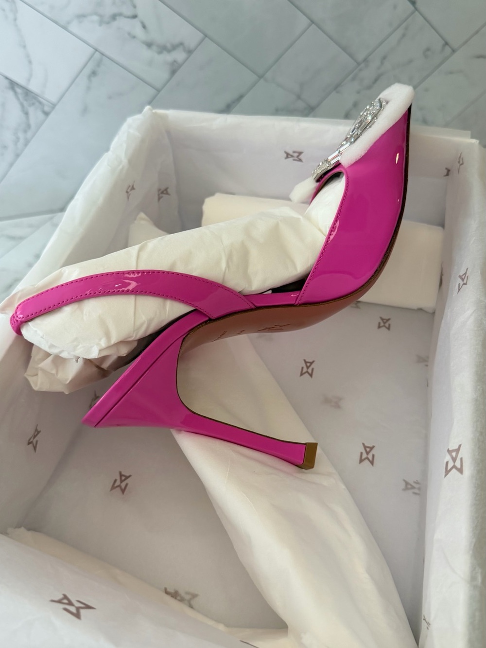 Amina Muaddi Hot Pink Pointed-Toe Slingback Heels with Crystal Buckle - Picture 10 of 10